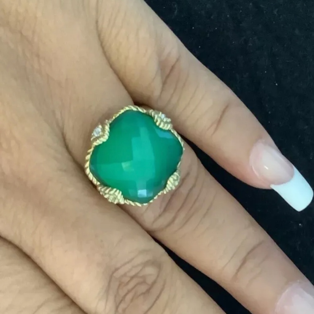 JUDITH RIPKA 14K GOLD CLAD STERLING SILVER GREEN GODDESS RING, SZ 6